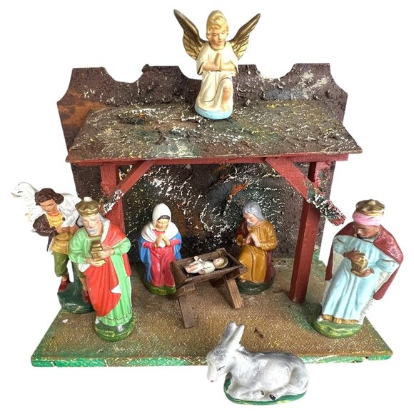 Vintage Hand Painted Nativity Scene Set 8 Figurine & Stable Made Weatern Germany